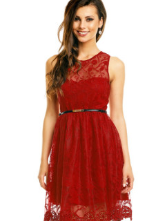 Společenské šaty MAYAADI krajkové s páskem středně dlouhé červené - Červená - MAYAADI