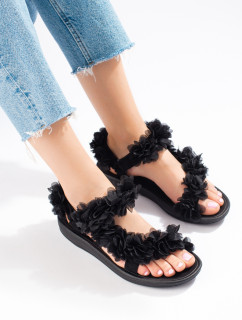 Štýlové čierne sandále dámske bez podpätku