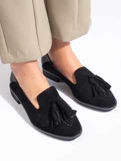 Designové  mokasíny dámské černé na plochém podpatku