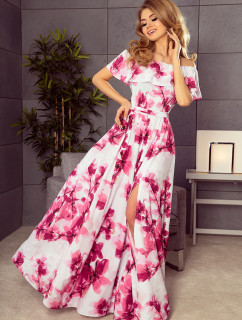 Dlhé dámske šaty s veľkými ružovými kvetmi a španielskym výstrihom model 6059216