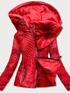 Krátka červená dámska prešívaná bunda s kapucňou (B9566)