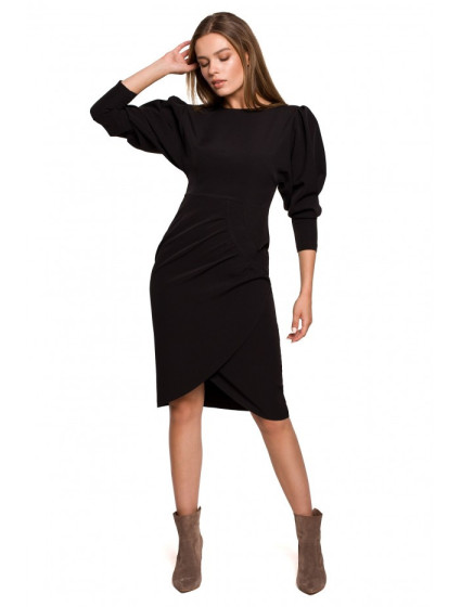 Šaty s rukávy a zavinovací přední částí černé model 15892362 - STYLOVE