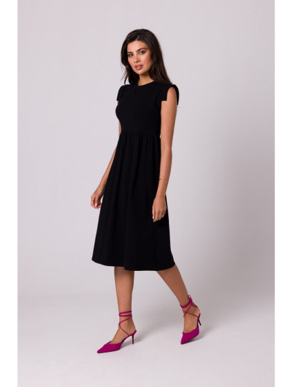 B262 Bavlnené šaty s vysokým pásom - čierne