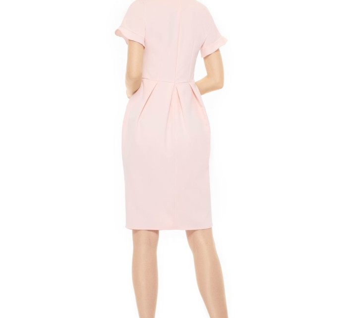 Dámske spoločenské šaty s golierom, stužkou a krátkym rukávom dlhé - Ružová / M - Lemoniade