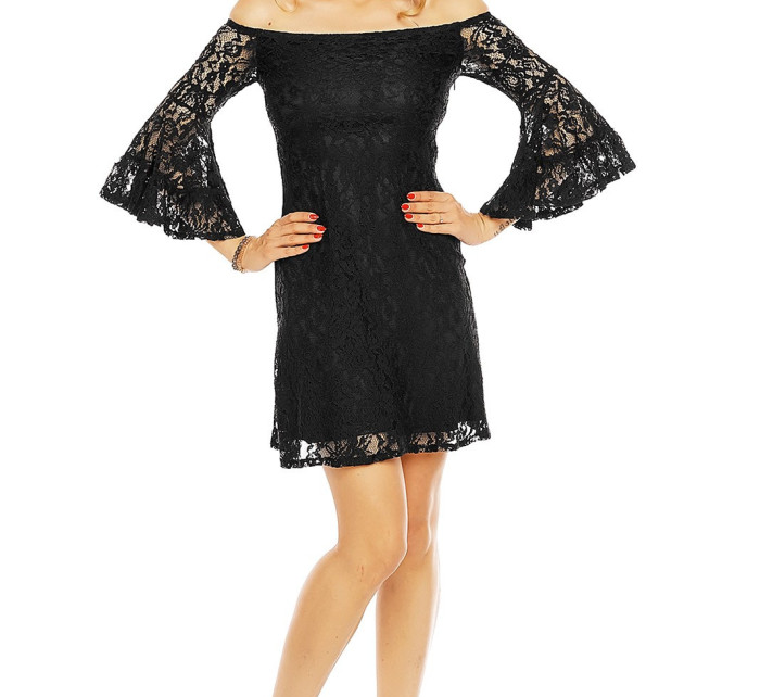 Krajkové dámské šaty s model 15042571 výstřihem a širokými rukávy černé Černá - Mayaadi