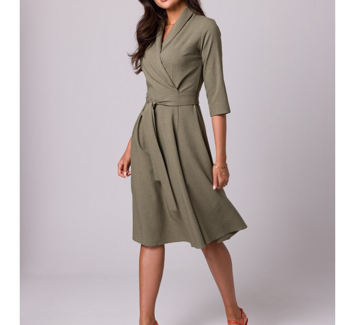 Dámské zavinovací šaty s šálovým límcem B255 olivové - BEwear