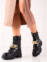 Klasické dámské  kotníčkové boty černé na plochém podpatku