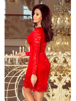 Červené dámske krajkové šaty s výstrihom a dlhými rukávmi model 7156520