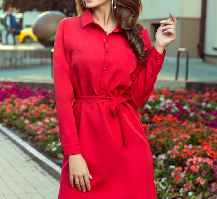 CAMILLE - Červené dámske košeľové šaty so zaväzovaním 284-1
