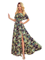 Dlouhé dámské šaty se výstřihem a vzorem zelených listů a model 8224464 - numoco
