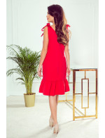 ROSITA - Červené dámske šaty s mašličkami na ramenách as volánikom 306-1