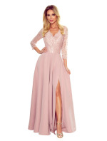 AMBER - Elegantné dlhé krajkové dámske šaty v púdrovo ružovej farbe s dekoltom 309-4