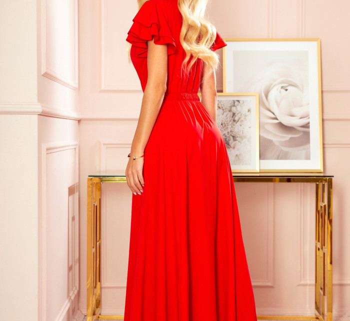 Dlouhé červené dámské šaty s volánky a dekoltem model 14557451 - numoco