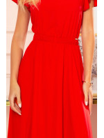 Dlouhé červené dámské šaty s volánky a dekoltem model 14557451 - numoco