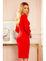 Elegantní červené dámské šaty s volánkem a dekoltem model 14619009 - numoco
