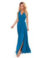 Světle modré dámské dlouhé šaty s výstřihem a zavazováním model 17276543 - numoco