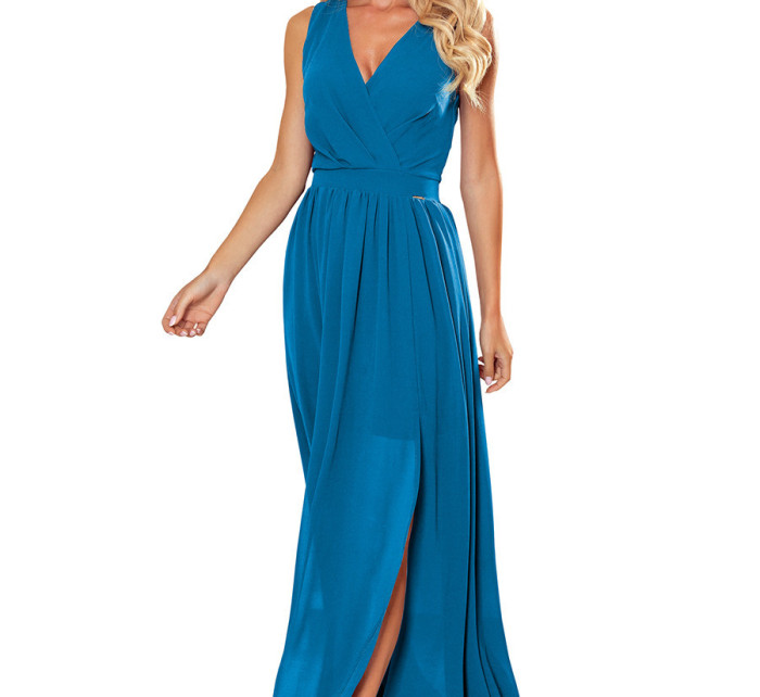 Světle modré dámské dlouhé šaty s výstřihem a zavazováním model 17276543 - numoco