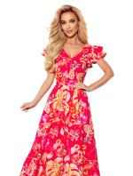 Růžové květované dlouhé dámské šaty s výstřihem a volánky model 17302018 - numoco