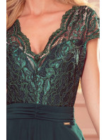 LINDA - Dámske šifónové šaty vo fľaškovo zelenej farbe s krajkovým výstrihom 381-2