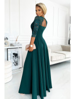Elegantní dlouhé dámské krajkové šaty v lahvově zelené barvě s výstřihem model 17691306 - numoco