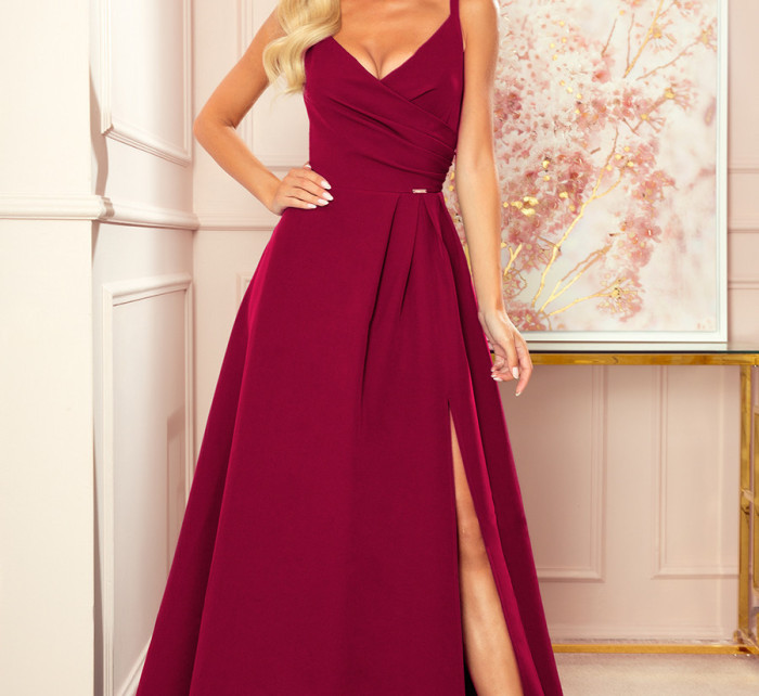 CHIARA - Elegantní dámské maxi šaty ve vínové bordó barvě na ramínkách 299-5