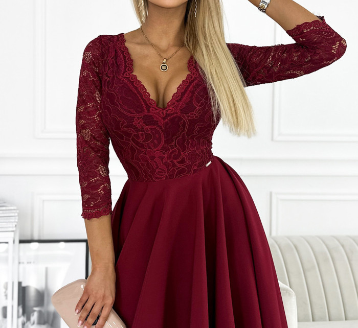 210-15 NICOLLE sukienka z dłuższym tyłem i dekoltem - kolor BORDOWY