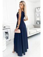CHIARA Tmavě modré elegantní dámské maxi šaty na ramínkách model 18355310 - numoco
