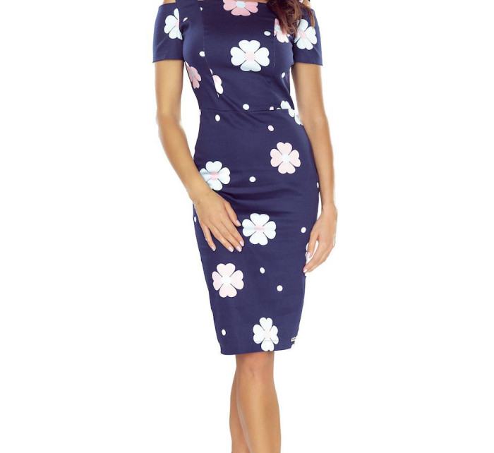 Elegantní tmavě modré květované dámské šaty s krátkými rukávy 440-3