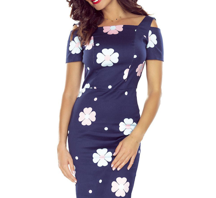 Elegantné tmavo modré kvetované dámske šaty s krátkymi rukávmi 440-3
