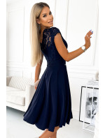 381-4 LINDA - szyfonowa sukienka z koronkowym dekoltem - GRANATOWA