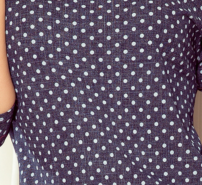 Dámske športové šaty v džínsovej farbe so zaväzovaním, vreckami a malými bodkami 13-157
