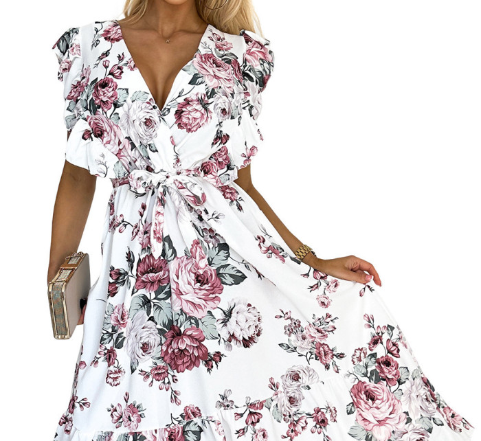 GABRIELLA Bílé dámské šaty s výstřihem, zavazováním a se vzorem bordó růží model 18584368 - numoco basic