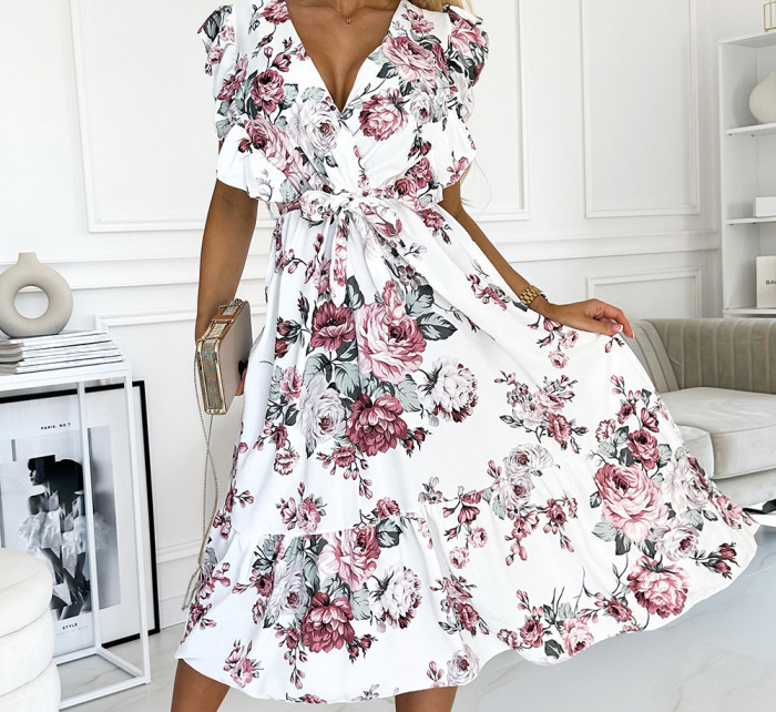 GABRIELLA Bílé dámské šaty s výstřihem, zavazováním a se vzorem bordó růží model 18584368 - numoco basic