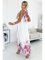 Bílé dámské plisované saténové maxi šaty se vzorem květů model 18587641 - numoco basic
