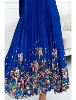 ESTER - Dámske plisované saténové maxi šaty v nevädzovej farbe s kvetinovým vzorom 456-1