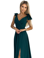 ELENA - Dlhé dámske šaty vo fľaškovo zelenej farbe s výstrihom a zaväzovaním na ramenách 405-4