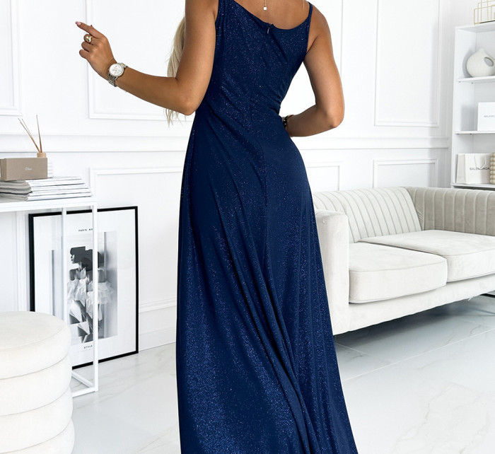 CHIARA - Tmavomodré elegantné dámske maxi šaty na ramienkach s brokátom 299-10