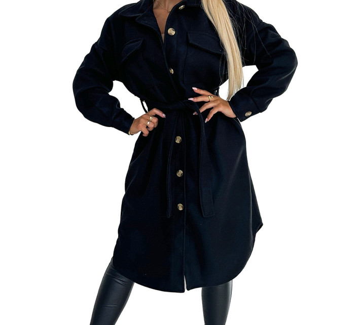 černý dámský kabát s knoflíky a zavazováním v pase model 18973458 - numoco basic