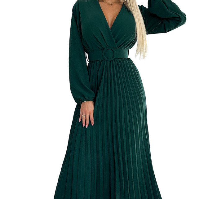 VIVIANA - Dámské plisované midi šaty v lahvově zelené barvě s výstřihem, dlouhými rukávy a širokým opaskem 504-3