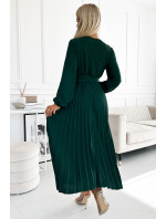 VIVIANA - Dámské plisované midi šaty v lahvově zelené barvě s výstřihem, dlouhými rukávy a širokým opaskem 504-3