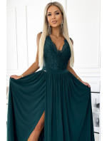 211-6 LEA długa suknia z koronkowym dekoltem - ZIELEŃ BUTELKOWA