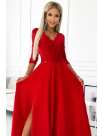 309-8 AMBER koronkowa elegancka długa suknia z dekoltem i rozcięciem na nogę - CZERWONA