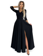Černé elegantní krajkové dámské dlouhé šaty s výstřihem a rozparkem na model 19656016 - numoco