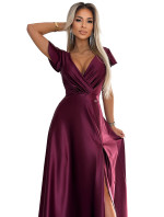 CRYSTAL - Dlhé dámske bordové saténové šaty s výstrihom 411-10