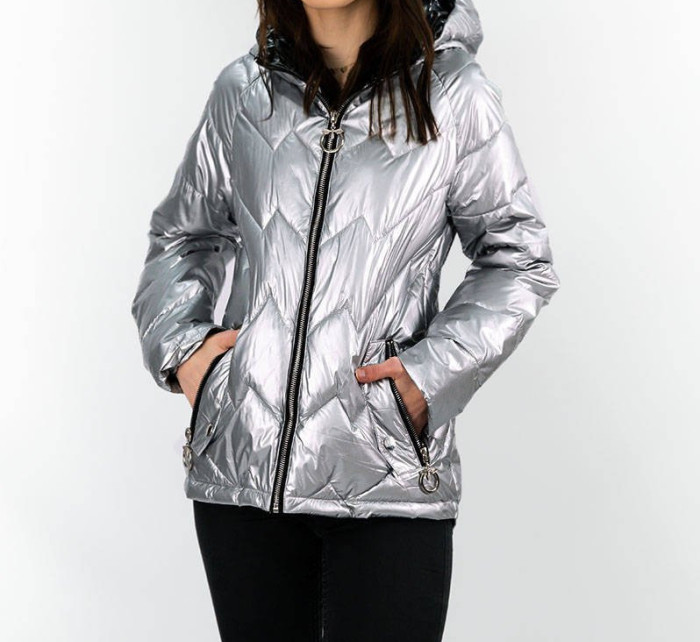 Stříbrná prošívaná dámská bunda s kapucí model 16146805 - S'WEST