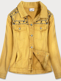 Žltá dámska džínsová bunda s ozdobnými kamienkami a strapcami (A8306)
