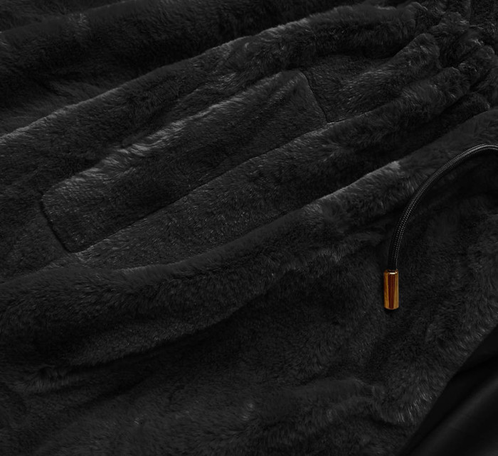 Černá kožešinová bunda s kapucí (B8049-1)