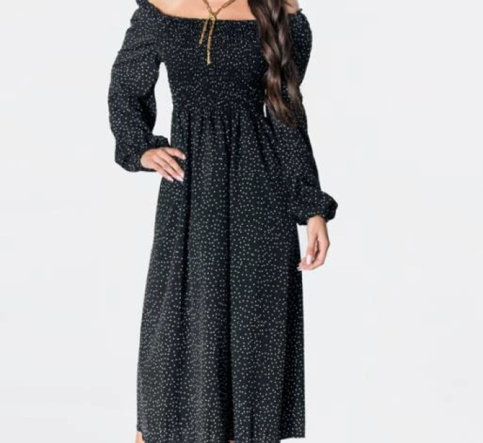 Ann Gissy Čierne dámske bodkované šaty s dlhými rukávmi v španielskom štýle (DLY016)