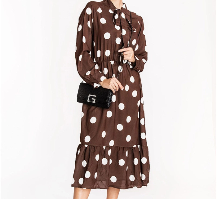 Sukienka w grochy z wiązanym dekoltem Ann Gissy brązowa (DLY019)