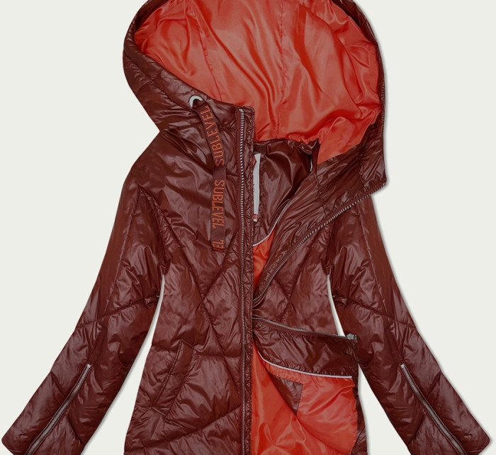 Tmavo červená prešívaná dámska prechodná bunda s kapucňou (21300)